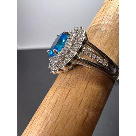 Blue and white CZ halo sterling silver ring size 8 - Picture 6 of 11